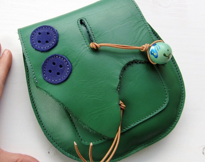 Handmade Leather Clutch Purse, Bag, Emerald Leather, Peacock Buttons
