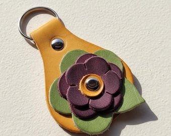Flower Keyring, OOAK Leather Bag Charm, Handmade Key Fob, Rustic Cottagecore Gift - Ochre / Plum