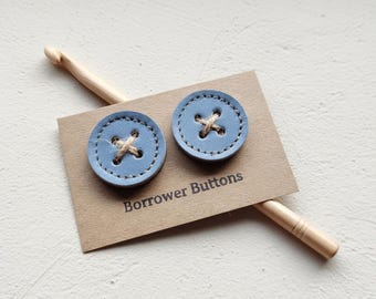 Large Handmade Leather Buttons – Knitting Buttons – Knitter Gift – Set of 2 - Pale Wedgwood blue