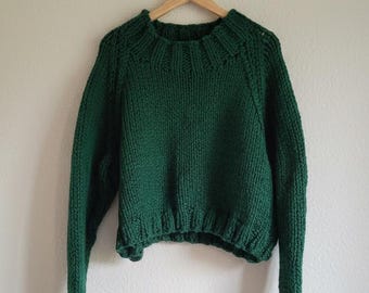 Handmade - Raglan Knit Cottagecore Jumper: Cosy Cropped Fit. Vegan friendly, Super chunky, Wren - dark bottle green.