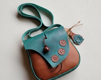 Cross body saddle bag – Handmade Leather – Cottagecore Forest Style - Thimble - No.5165