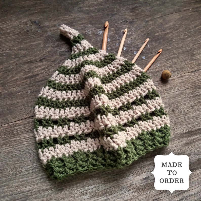 INKCAP Gnome Hat. Handmade To Order. Fern green / Parchment stripes. Pointy Hat for Woodlanders. Cottage Cosy Crochet. image 2