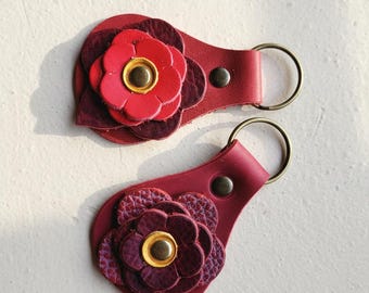 Flower Keyring, OOAK Leather Bag Charm, Handmade Key Fob, Rustic Cottagecore Gift - red