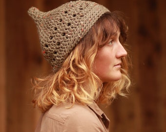 ESME Acorn Hat. Dusky Moss green tweed. Handmade To Order. Pointy Hat for Woodlanders. Cottage Cosy Crochet.