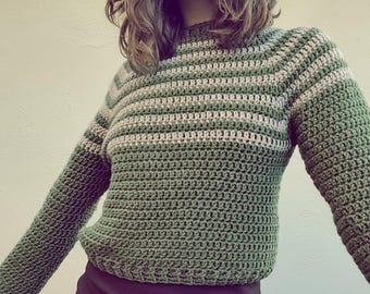Striped Crochet Jumper - Cottagecore knitwear - Vegan friendly, Made in England - PENNY Mossy Stripe