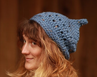 ESME Acorn Hat. Dusky Blue tweed. Handmade To Order. Pointy Hat for Woodlanders. Cottage Cosy Crochet.