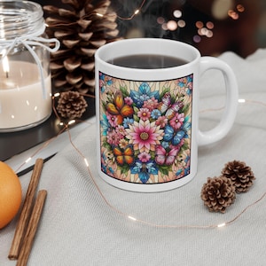 Stained Glass Flower Mug: Vibrant Floral Ceramic Coffee Cup