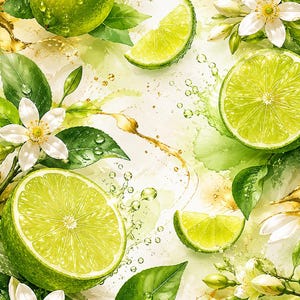 Könnte beinhalten: Eine lebendige Aquarellillustration mit frischen Limetten, Limettenscheiben und weißen Blüten. Grüne Blätter und Wassertropfen verstärken das erfrischende Gefühl. Das Bild hat eine helle, sommerliche Ästhetik, ideal für Küchen- oder Lebensmittelthemen.
