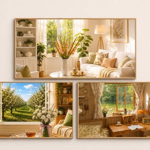 Könnte beinhalten: Ein Set aus drei rechteckigen Wandbildern mit Innenraumszenen. Das obere Bild zeigt ein Wohnzimmer mit weißem Sofa und Blumen. Das untere linke Bild zeigt einen Obstgarten durch ein Fenster und das untere rechte Bild einen Schreibtisch.