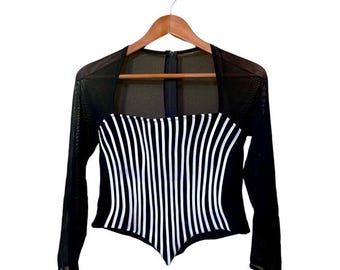 Bustier corsé a rayas de Ribkoff Trends Couture vintage Y2K, top de malla, talla 10