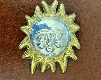 México plata esterlina latón cara del sol broche pin colgante modernista antropomórfico celestial artesano firmado