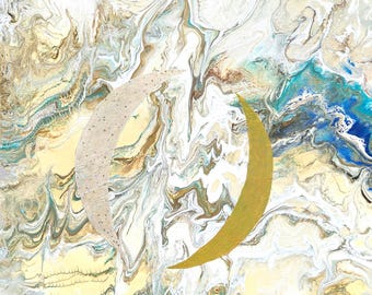 2 crescent moons painting, acrylic on canvas, original art, moon theme artwork, painting of the moon, unique  home decor, fluid art painting