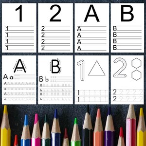 Op de afbeelding: Een printbaar werkblad voor kinderen om te oefenen met het schrijven van de cijfers 1 en 2 en de letters A en B. Het werkblad bevat traceerlijnen en oefeningen om de letters en cijfers in kleine en hoofdletters te schrijven. Het werkblad is zwart-wit en heeft een eenvoudig ontwerp.