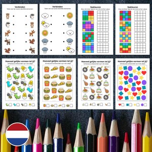 Op de afbeelding: Een printbaar werkblad met Nederlandse tekst en afbeeldingen voor kinderen om te oefenen met het verbinden van stippen, kleuren en tellen. Het werkblad bevat afbeeldingen van dieren, voedsel en geometrische vormen.