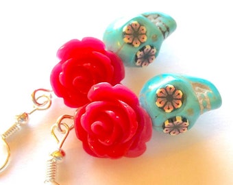 Sugar Skull Earrings Turquoise Pink Flower Rose Skull Earrings