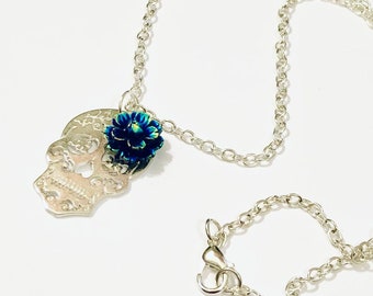 Silver Sugar Skull Pendant Necklace Day of the Dead Black Blue Dahlia Sugar Skull Jewelry Gift