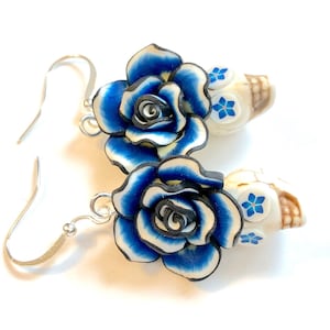 Sugar Skull Earrings Blue White Day of the Dead Rose Skull Earrings