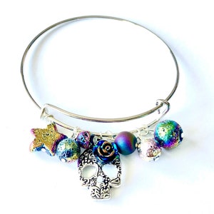 Sugar Skull Charm Bangle Bracelet Unisex Silver Black Day of the Dead Skull Gift