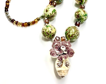 Sugar Skull Beaded Necklace: Day of the Dead Boho Polymer Clay Rose