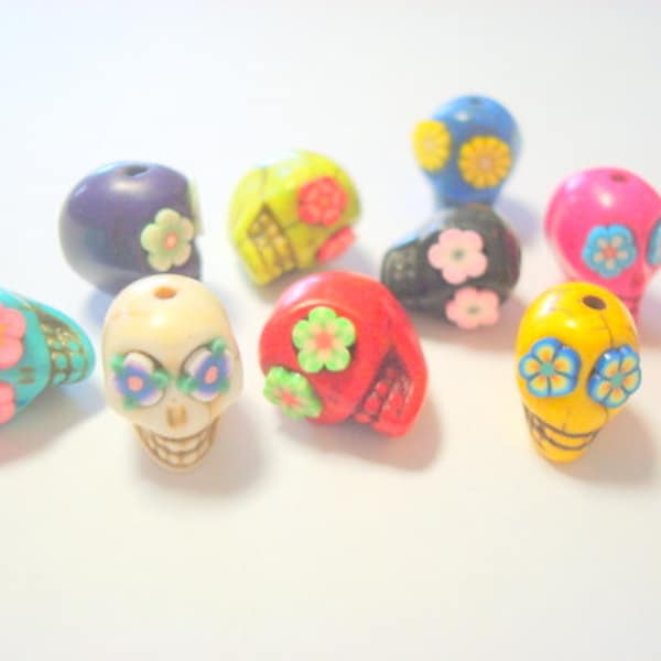 Sugar Skull Beads-Random Rainbow Colorful Howlite 13mm Skull Beads Variety Lot of Ten Beads