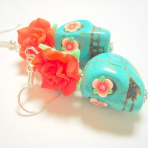 Sugar Skull Earrings Large Red and Turquoise Day of the Dead Roses and Sugar Skulls image 1