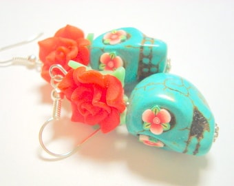 Sugar Skull Earrings Large Red and Turquoise Day of the Dead Roses and Sugar Skulls