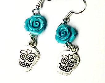 Silver Sugar Skull Earrings Turquoise Rose Day of the Dead Earrings