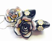 Clearance Black Sugar Skull Earrings Yellow and Black Day of the Dead Roses and Skulls