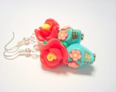 Sugar Skull Earrings Turquoise Red and Yellow Daisy Day of the Dead Roses and Skulls