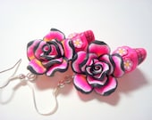 Sugar Skull Earrings Pink and Black Day of the Dead Roses and Sugar Skulls