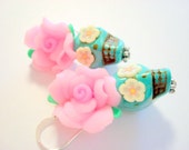 Pink and Turquoise Day of the Dead Roses and Sugar Skull Earrings