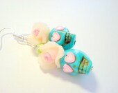 Pale Pink and Turquoise Heart Eyes Day of the Dead Roses and Sugar Skull Earrings