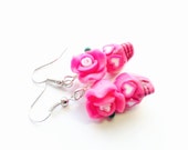 Sugar Skull Earrings Small Bright Pink Day of the Dead Roses, Hearts, and Skulls