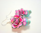 Sugar Skull Earrings Turquoise and Pretty Pink Heart Eyes Day of the Dead Roses and Skulls