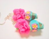 Bright Pink and Turquoise Day of the Dead Roses and Sugar Skull Earrings