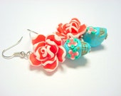 Turquoise, Red, and White Day of the Dead Roses Sugar Skull Earrings