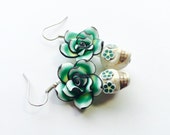 Sugar Skull Earrings Green Yellow Day of the Dead Flowers and Skulls Earrings