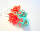 Sugar Skull Earrings Turquoise and Red Heart Eyes Day of the Dead Roses and Skulls