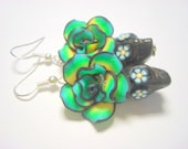 Green, Yellow, Blue, and Black Day of the Dead Roses and Sugar Skull Earrings Medium