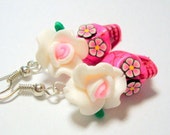 Sugar Skull Earrings Bright Pink and White Day of the Dead Roses and Skulls