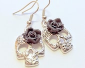 Silver Sugar Skull Earrings Black Rose Day of the Dead Earrings