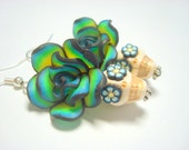 Blue Green Yellow White Day of the Dead Roses and Sugar Skull Earrings