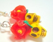 Sugar Skull and Rose Earrings Tiny Bright Yellow and Red Day of the Dead Earrings