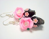 Sugar Skull Earrings Black and Pink Day of the Dead Rose and Skull Earrings