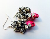 Day of the Dead Rose and Sugar Skull Earrings Pink Black White Polkadot