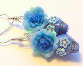 Sugar Skull Earrings Small Day of the Dead Blue Rose Earrings