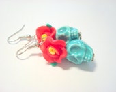 Turquoise and Red Day of the Dead Roses and Ceramic Sugar Skull Earrings Small