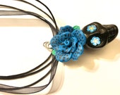 Sugar Skull Pendant Key Ring Blue Black Skull Rose Pendant Necklace Charm Key Chain Accessory