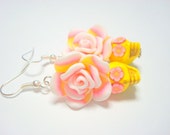 Yellow and Pink Day of the Dead Roses and Sugar Skull Earrings
