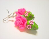 Sugar Skull Earrings Small Green and Bright Pink Day of the Dead Roses and Skull Earrings